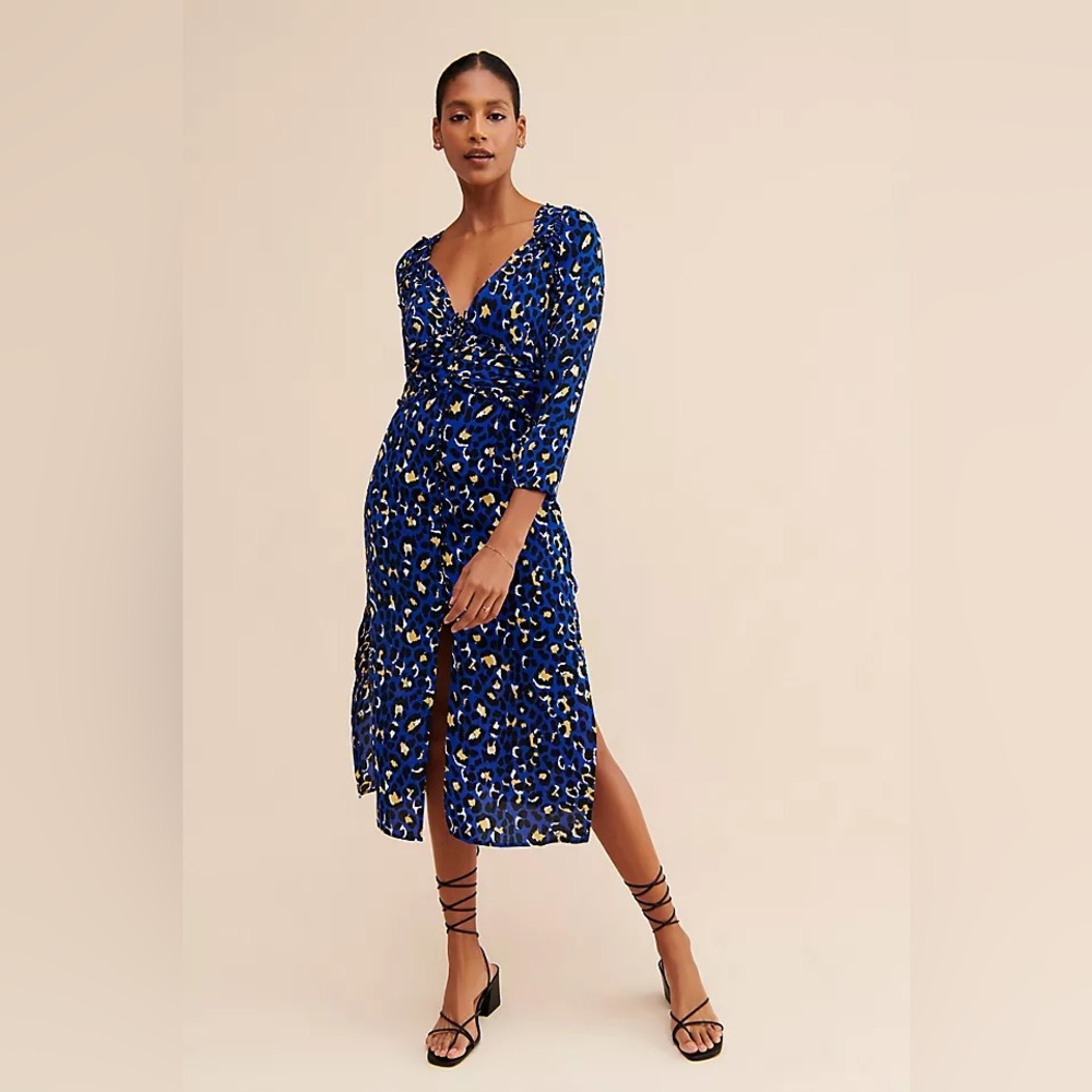 Rahi‎ Anthropologie Blue Leopard Midi Dress Size XXS Long Sleeve V Neck